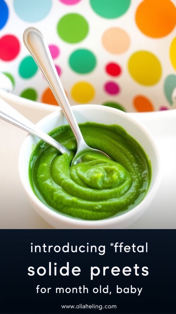 Green spinach puree in a bowl with a spoon, set in a bright baby-friendly environment.